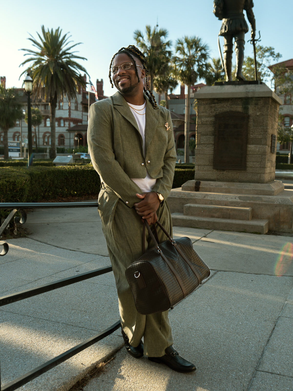 Men's editorial styling look, sage suit